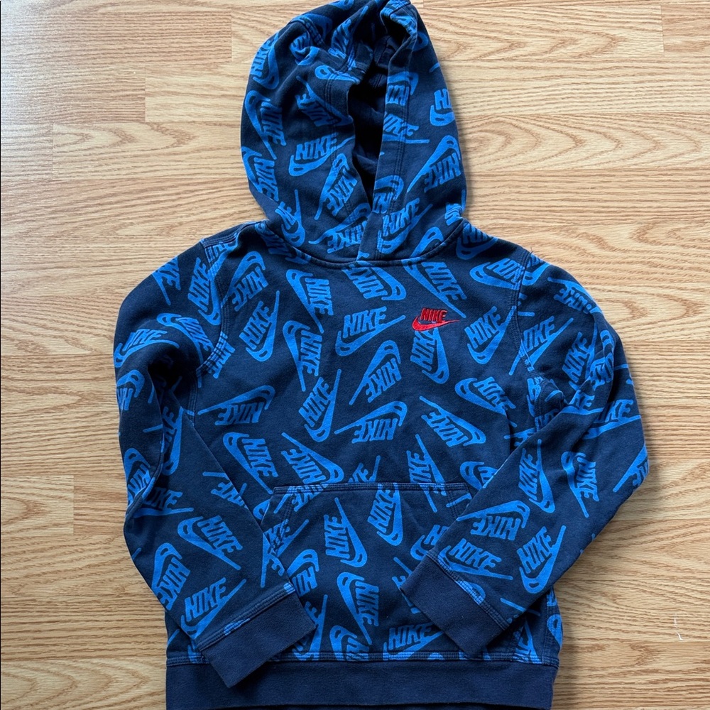 Nike Kids Navy Hoodie with All-Over Blue Logo Print
